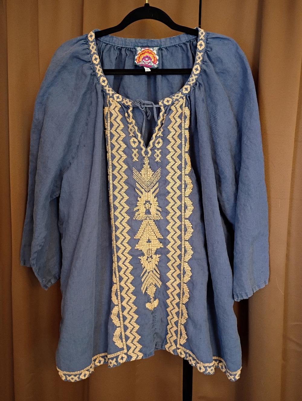 Johnny Was Embroidered Blue Linen Tunic Blouse. Fabulous Condition! 2X